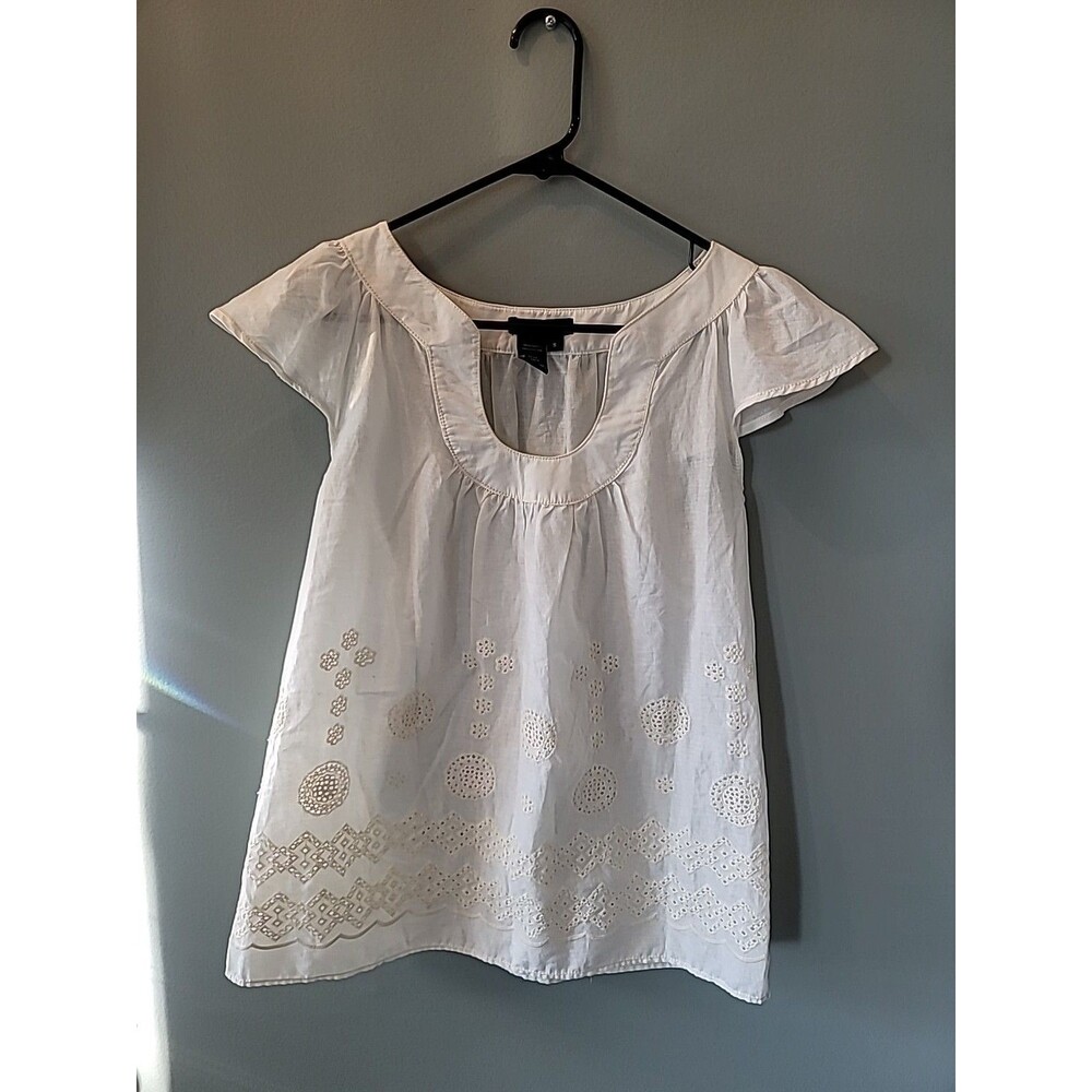 100% Cotton Flutter Sleeve White Embroidered Womens Blouse Small Max Edition